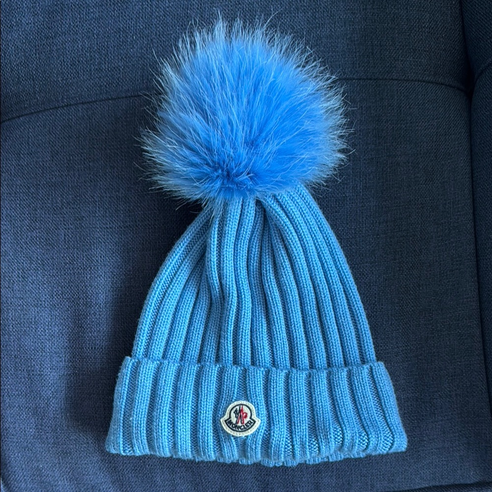 Moncler Sky Blue Ribbed Beanie with Pom